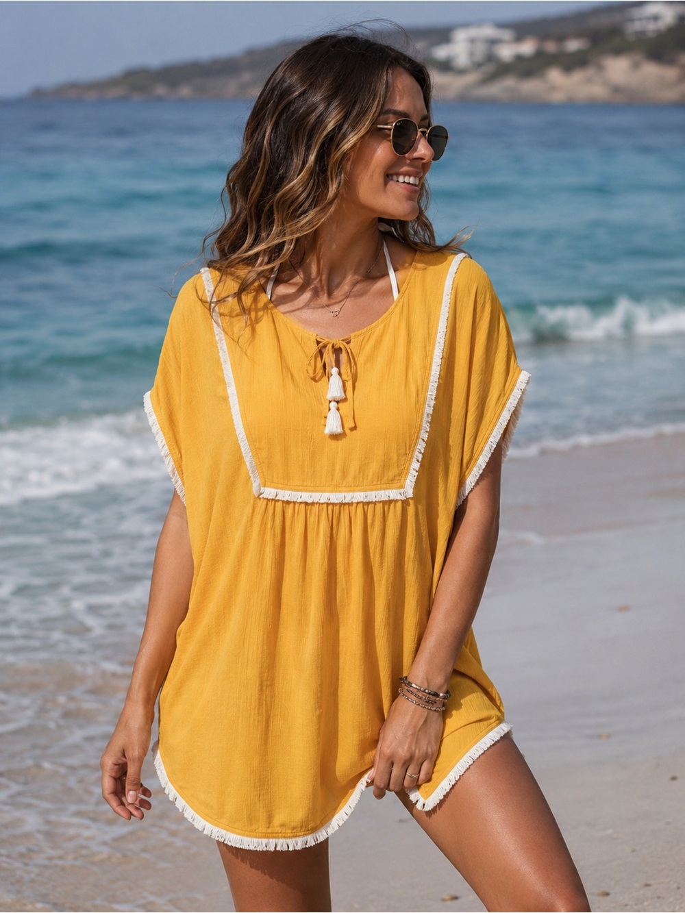 J. Crew Mustard Yellow Tassel Beach Cover-Up Tunic